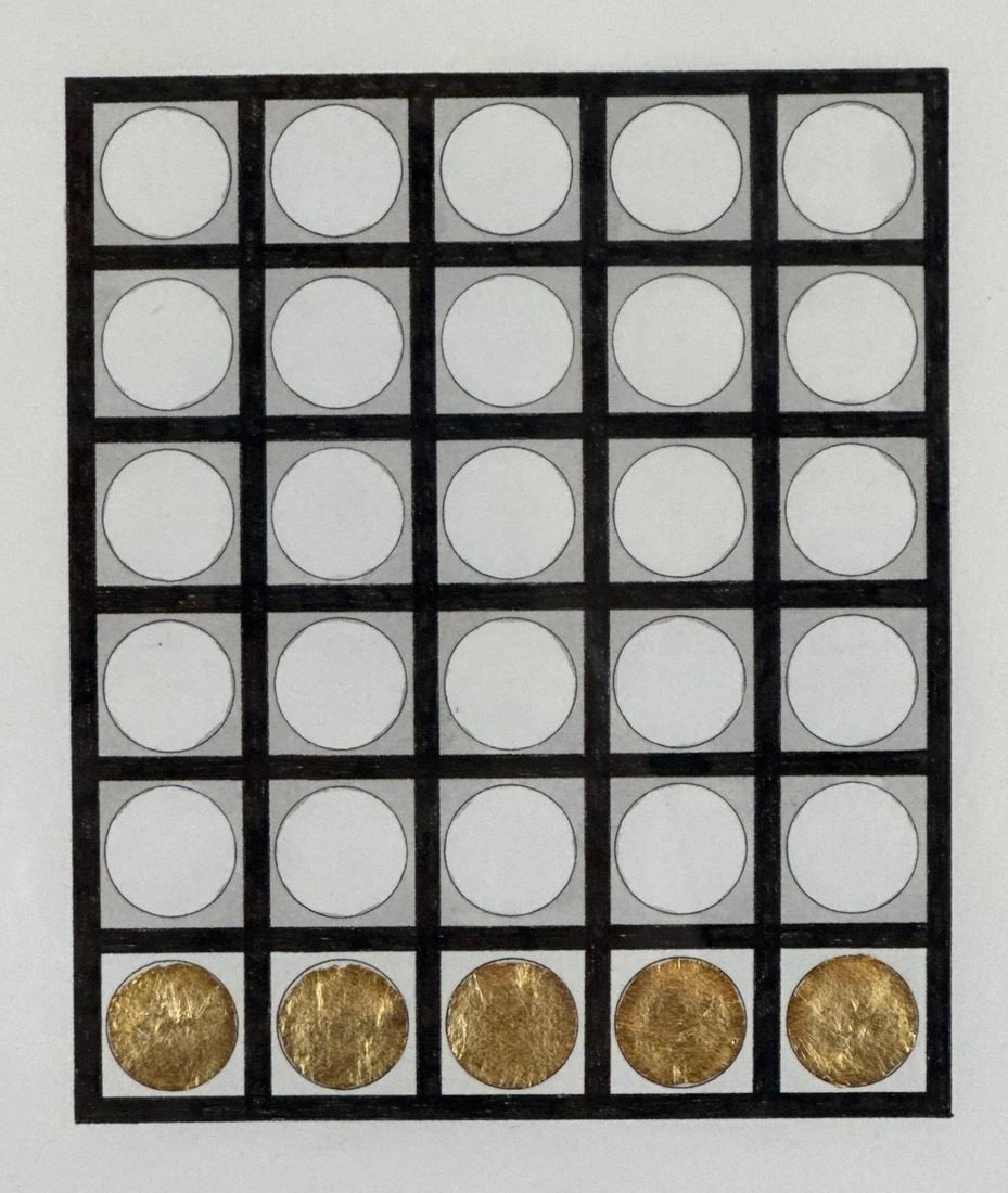 JOHN WILLENBECHER SIGNED "GOLD AND WHITE (A-5)" ORIGINAL MIXED MEDIA: Minimalist grid composition in black ink with hand-applied metallic gold discs on paper Approximate Dimensions 17" x 13"; Frame 18" x 14" Artist or Maker: John Willenbecher Provenance