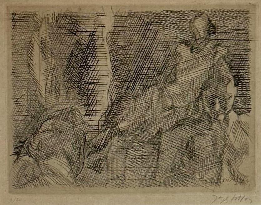 JACQUES VILLON SIGNED LIMITED EDITION "PORTRAIT DE FAMILLE" ETCHING: Cubist-influenced interior scene with figures rendered in intricate crosshatched line work Approximate Dimensions: 9.5" X 12"; FRAME 15" X 18" Artist or Maker: Jacques Villon