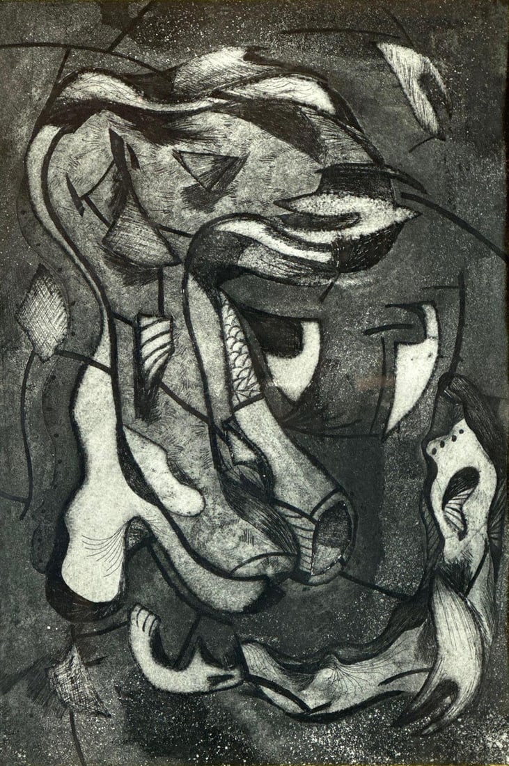 VINTAGE MID-CENTURY MODERN ABSTRACT PRINT: Surrealist black and white composition with biomorphic shapes and textured line work Approximate Dimensions: 17" x 11"; Frame 25" x 19" Artist or Maker: Unknown Proven