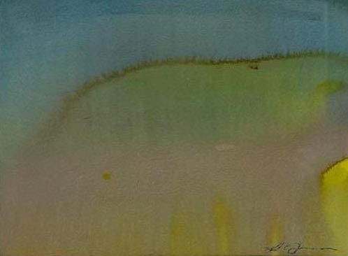 VINTAGE SIGNED ABSTRACT WATERCOLOR LANDSCAPE PAINTING: Atmospheric color field composition in pastel hues of blue and green on paper Approximate Dimensions: 10" X 13.5" ; FRAME 16" X 18" Artist or Maker: Unknown Provenance: From a New York