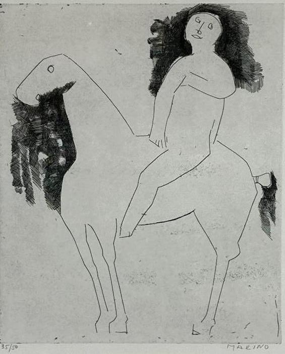 MARINO MARINI SIGNED LIMITED EDITION "CAVALIERE" ETCHING: Modernist linear composition of a horse and rider in black ink on paper Approximate Dimensions: 15" X 13"; FRAME 22" X 20" Artist or Maker: Marino Marini Provenance: From a N