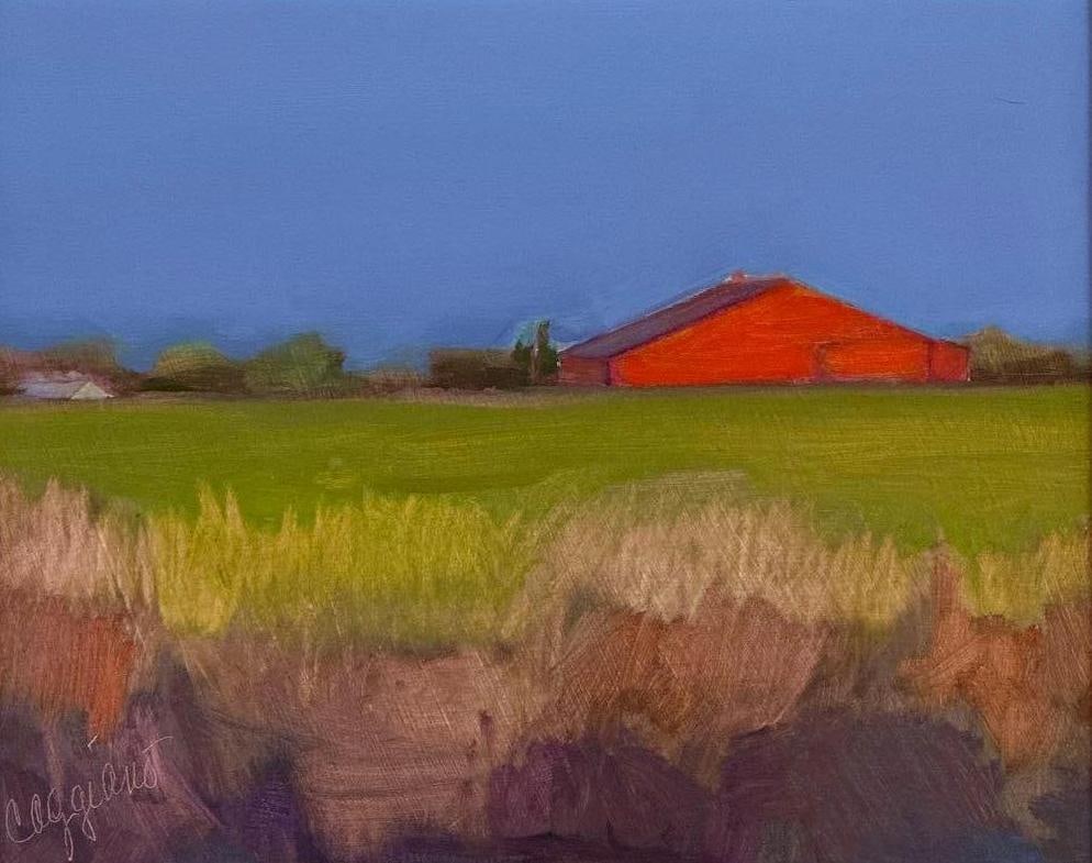 MARGERY CAGGIANO SIGNED "TOM'S BARN" OIL PAINTING 1980: Contemporary realist landscape with a vibrant red barn set against a deep blue sky Approximate Dimensions: 8" x 10"; Frame 10" x 12" Artist or Maker: Margery Caggiano