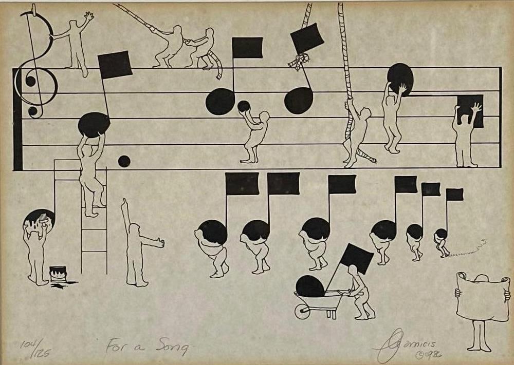 "FOR A SONG" SIGNED LIMITED EDITION PRINT 1986: Whimsical illustration of miniature figures constructing musical notes on a staff. Approximate Dimensions: 9.5" x 14"; Frame 14" x 18" Artist or Maker: Unknown Provenance: From a New York Collector No