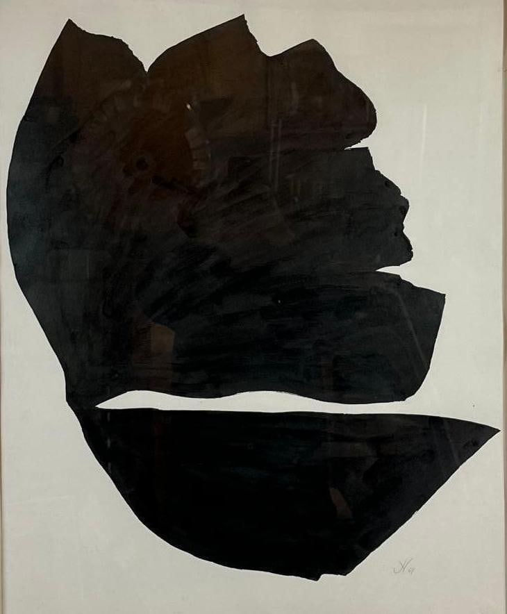 VINTAGE MID-CENTURY ABSTRACT "BLACK" LITHOGRAPH SIGNED: Bold minimalist black organic form on white wove paper numbered 10/75 Approximate Dimensions: 29" x 23"; Frame 31" x 25" Artist or Maker: Unknown Provenance: From a New York