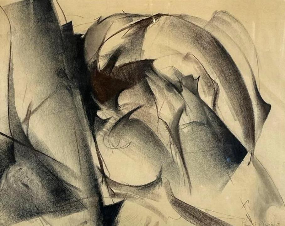 VINTAGE SIGNED ABSTRACT CHARCOAL DRAWING: *Framed expressive monochromatic composition with dynamic gestural strokes Approximate Dimensions: 19” x 23”; Frame: 26" x 31" Artist or Maker: Unknown Provenance: From a New York Collecto