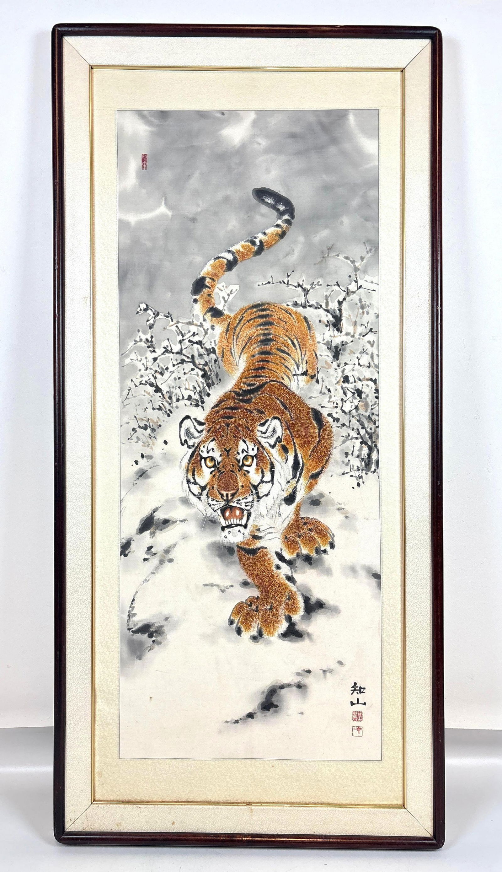 JAPANESE ANTIQUE TIGER SCROLL PAINTING ON LINEN, SILK FRAMED: *Linen scroll depicting a prowling tiger in a snow-covered landscape Approximate Dimensions: 62" x 29.5" Artist or Maker: Unknown Provenance: From a New York Collector Notes: Alt