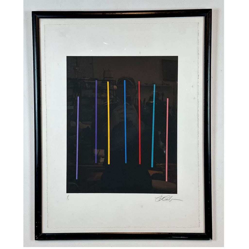 NEIL LOEB MODERN ABSTRACT COLOR LITHOGRAPH 1/1SIGNED: *Contemporary minimalist composition with vertical multi-colored neon-style bars centered against a solid black ground. Approximate Dimensions: 29.5” X 22”; Frame 33” X 25.5”