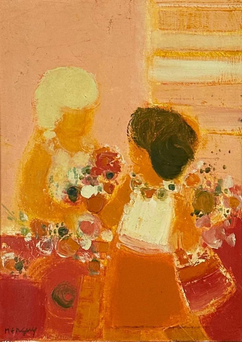 SIGNED FREDERICK FRANCOIS MENGUY EXPRESSIONIST MID CENTURY PAINTING "deux jeunes filles aux fleurs": *Mid-century expressionist oil on canvas painting of two women and floral bouquets in a gilded frame by French artist Frederic Menguy. Approximate Dimensions: 17.5” X 12.5”; Frame 23.5&rdq