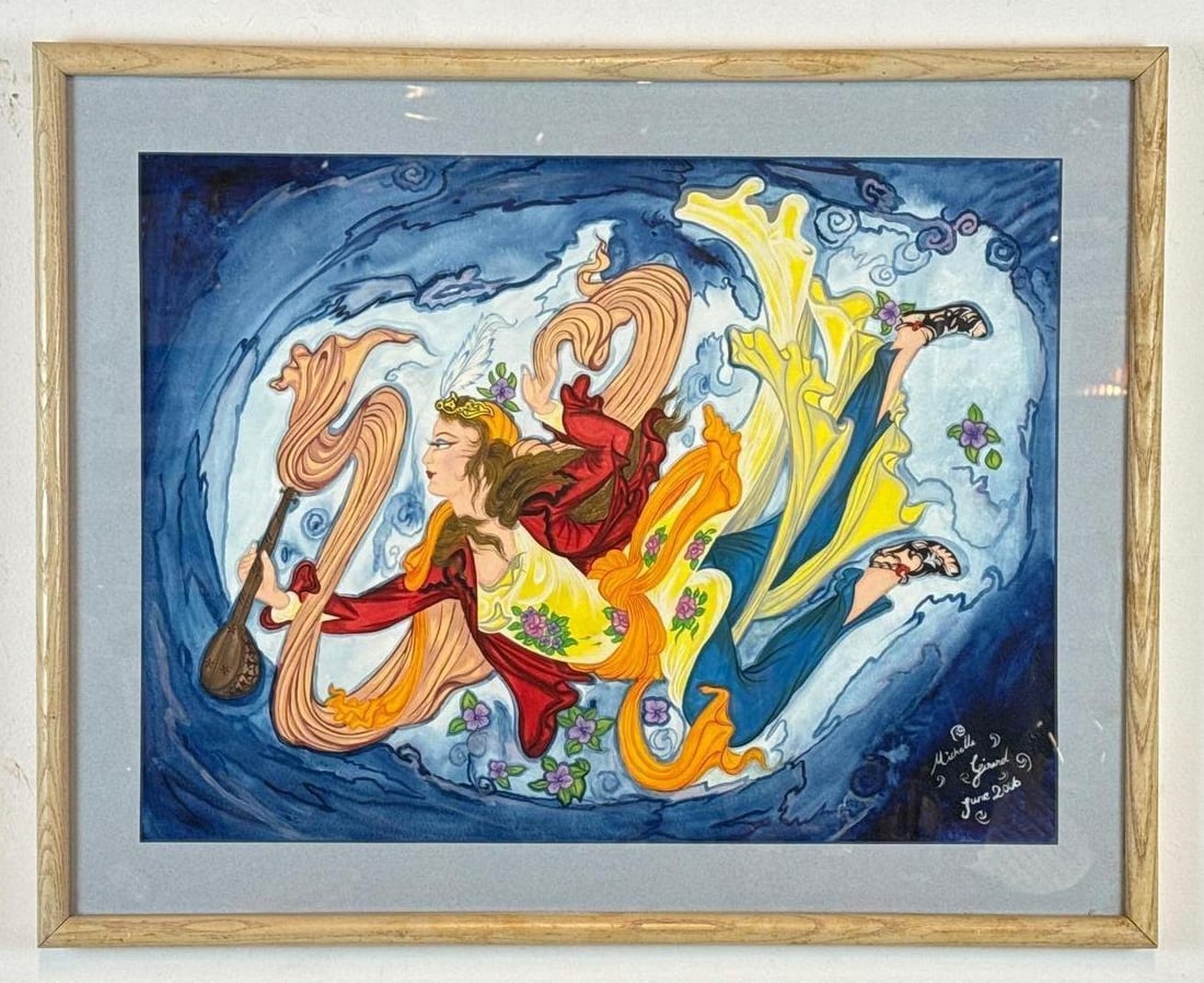 MICHELLE GERARD PERSIAN STYLE WATERCOLOR ON PAPER "WOMAN WITH STRINGED INSTRUMENT": *Lyrical contemporary composition depicting a floating female figure in vibrant flowing robes playing a lute amidst swirling blue and gold celestial clouds. Marked June 2006. Approximate Dimensions: 1