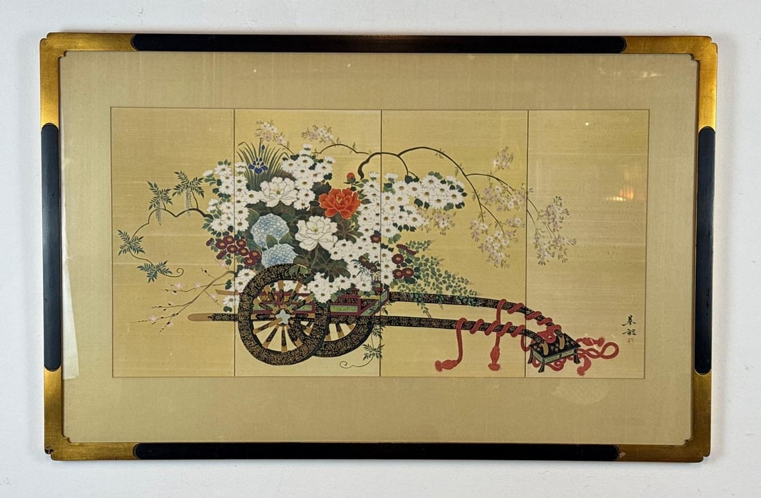 NICELY FRAMED JAPANESE WOODBLOCK PRINT "FLOWER CART": *Traditional four-panel style composition on silk or paper depicting a floral-laden hanaguruma (flower cart) within a custom black and gold lacquer-finish frame. Approximate Dimensions: 24.5" x 38