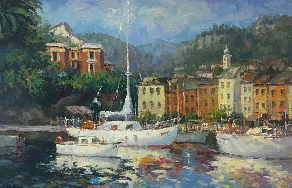P. ROWLAND IMPRESSIONIST MEDITERRANEAN HARBOR OIL PAINTING: *Vibrant impasto oil on canvas capturing a sun-drenched European port with moored sailboats and colorful village architecture Approximate Dimensions: 24” x 36”; Frame: 32” x 44&rdqu