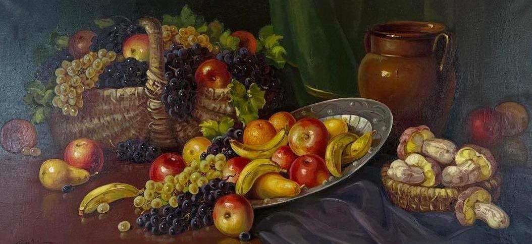 VINTAGE BERTINI MID-CENTURY STILL LIFE OIL ON CANVAS: *Traditional floral and fruit composition in a rich impasto style with deep shadows and vibrant earth tones. Approximate Dimensions: 23” x 46”; frame: 29” x 51” Artist or Make