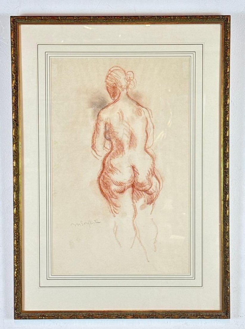 MOSES SOYER SANGUINE CHALK DRAWING FEMALE NUDE BACK VIEW: *Expressionistic figurative study in red chalk on paper of a seated woman seen from behind Approximate Dimensions: 12" X 18"; Frame 18" x 25" Artist or Maker: Moses Soyer P