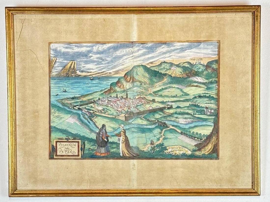 GEORG BRAUN & FRANS HOGENBERG PISAURUM VULGO PEZARO 1598 ENGRAVED MAP: *Renaissance bird's-eye view of Pesaro Italy with architectural details and decorative cartouche Approximate Dimensions: 10" X 18"; FRAME 17" X 23" Artist or Maker: Braun & Hog