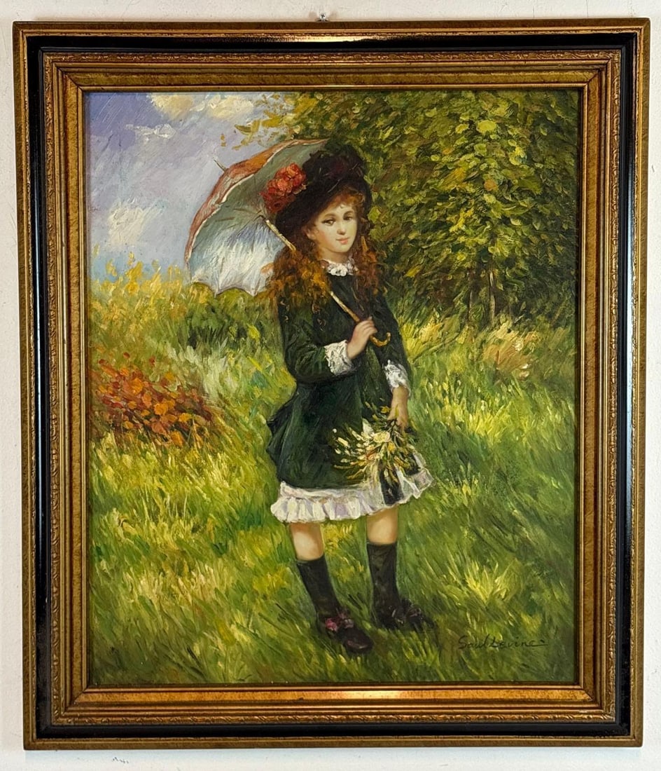 SAUL LEVINE SIGNED OIL PAINTING OF A GIRL WITH PARASOL: An original impressionist style oil on canvas depicting a young girl holding a parasol in a lush landscape. Overall Approximate Dimensions: 30” x 25” Art Approximate Dimensions: 25" x