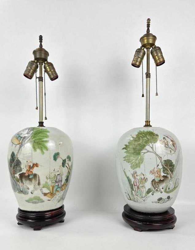 PAIR OF ANTIQUE CHINESE PORCELAIN GINGER JAR LAMPS FAMILLE VERTE (1 of 8)