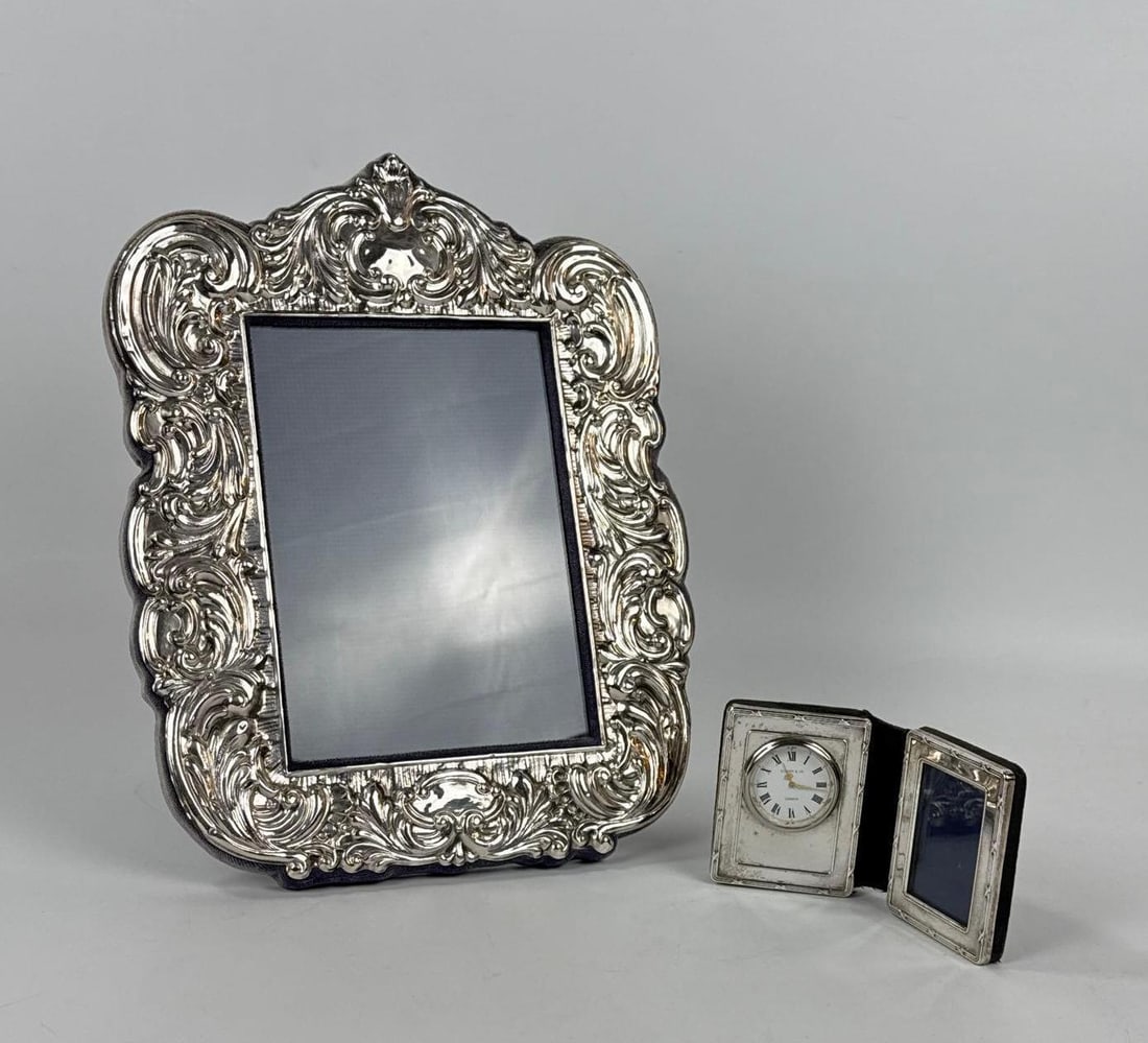 KITNEY & CO. LONDON TRAVEL CLOCK AND A SILVER REPOUSSÉ TABLE MIRROR (1 of 9)