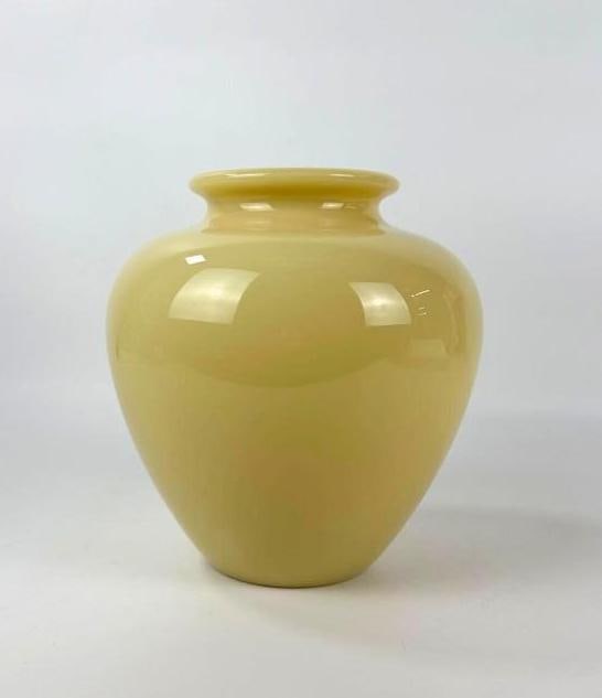 VINTAGE STEUBEN ART IVORY GLASS VASE: Large vintage Steuben art glass vase in opaque Ivory color with a flared rim in classic vase form. Approximate Dimensions: 10.25”h x 9.75”round Artist or Maker: Steuben by Frederick