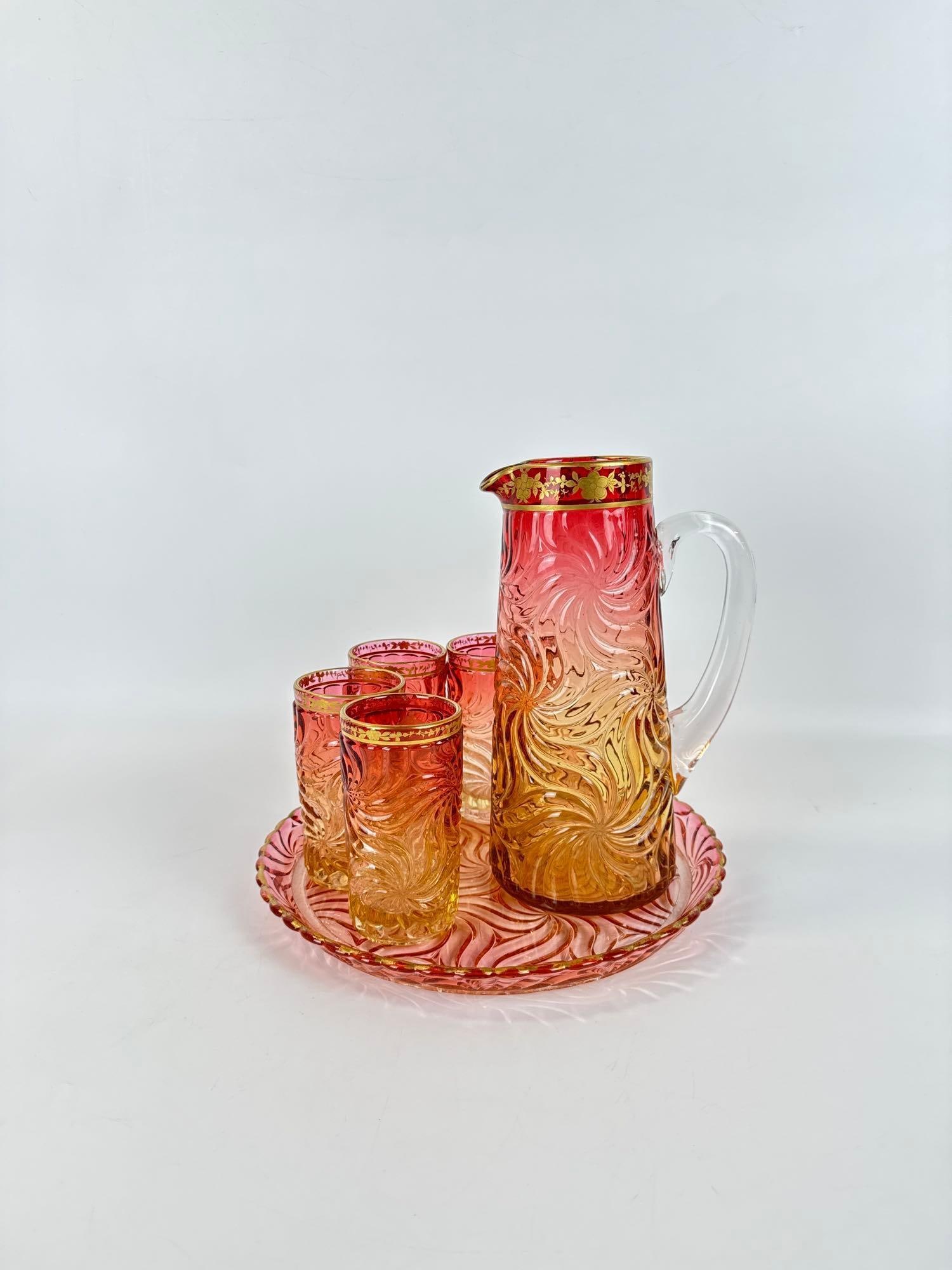 BACCARAT FRANCE CRYSTAL AMBERINA SWIRL PITCHER & TUMBLER SET - 4