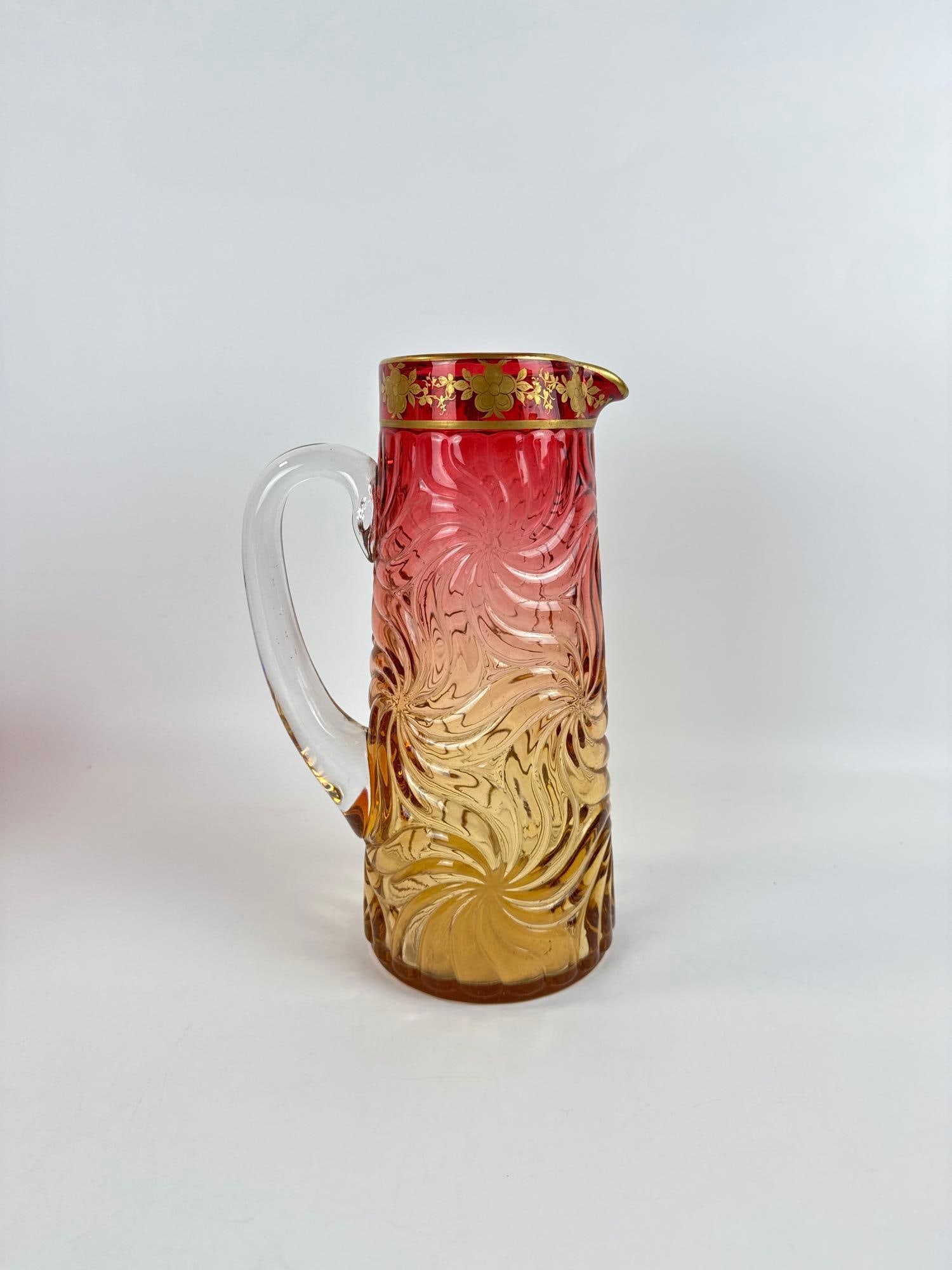 BACCARAT FRANCE CRYSTAL AMBERINA SWIRL PITCHER & TUMBLER SET - 6