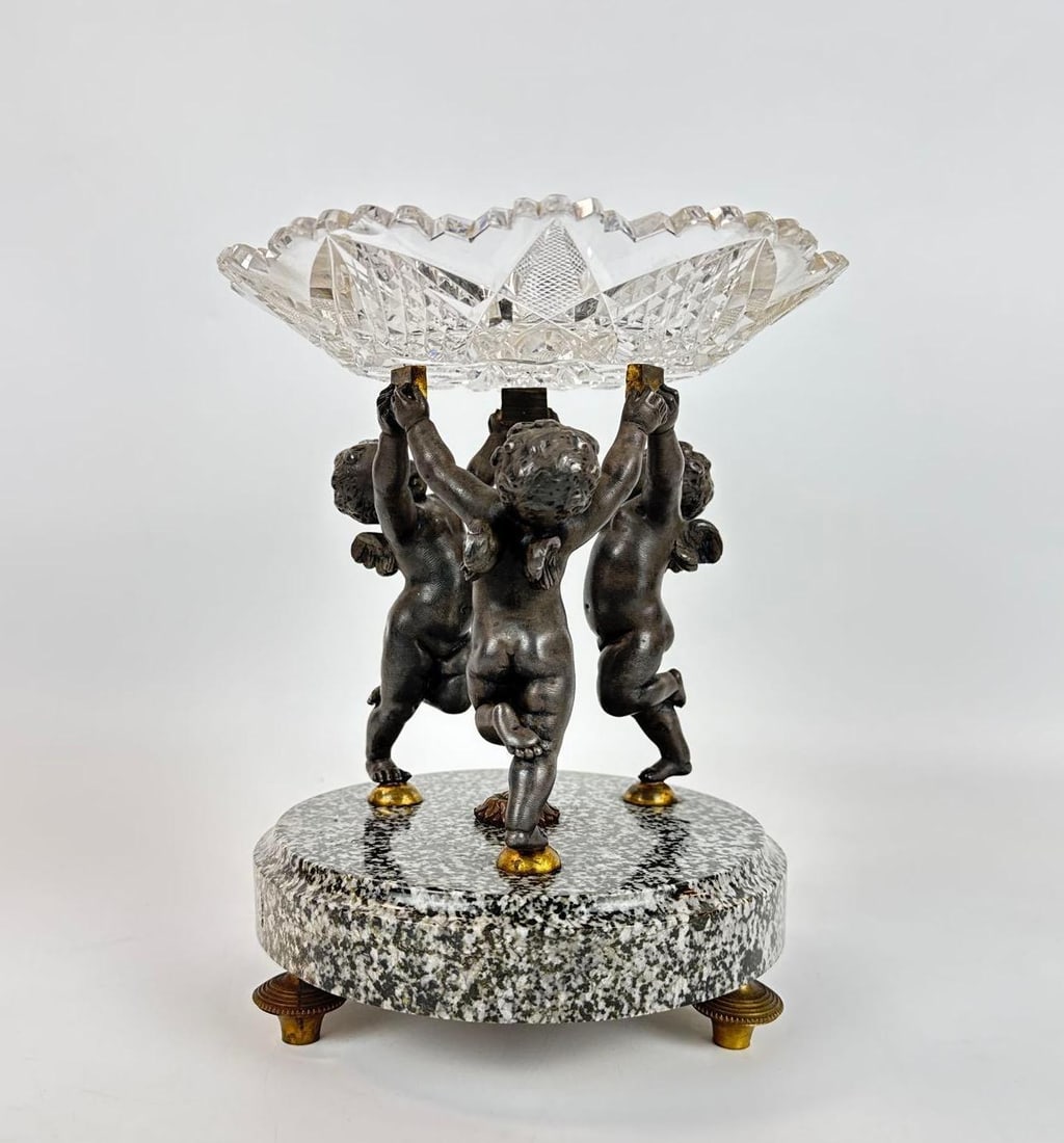 FRENCH BRONZE PUTTI AND CUT CRYSTAL CENTERPIECE ON MARBLE BASE (1 of 16)