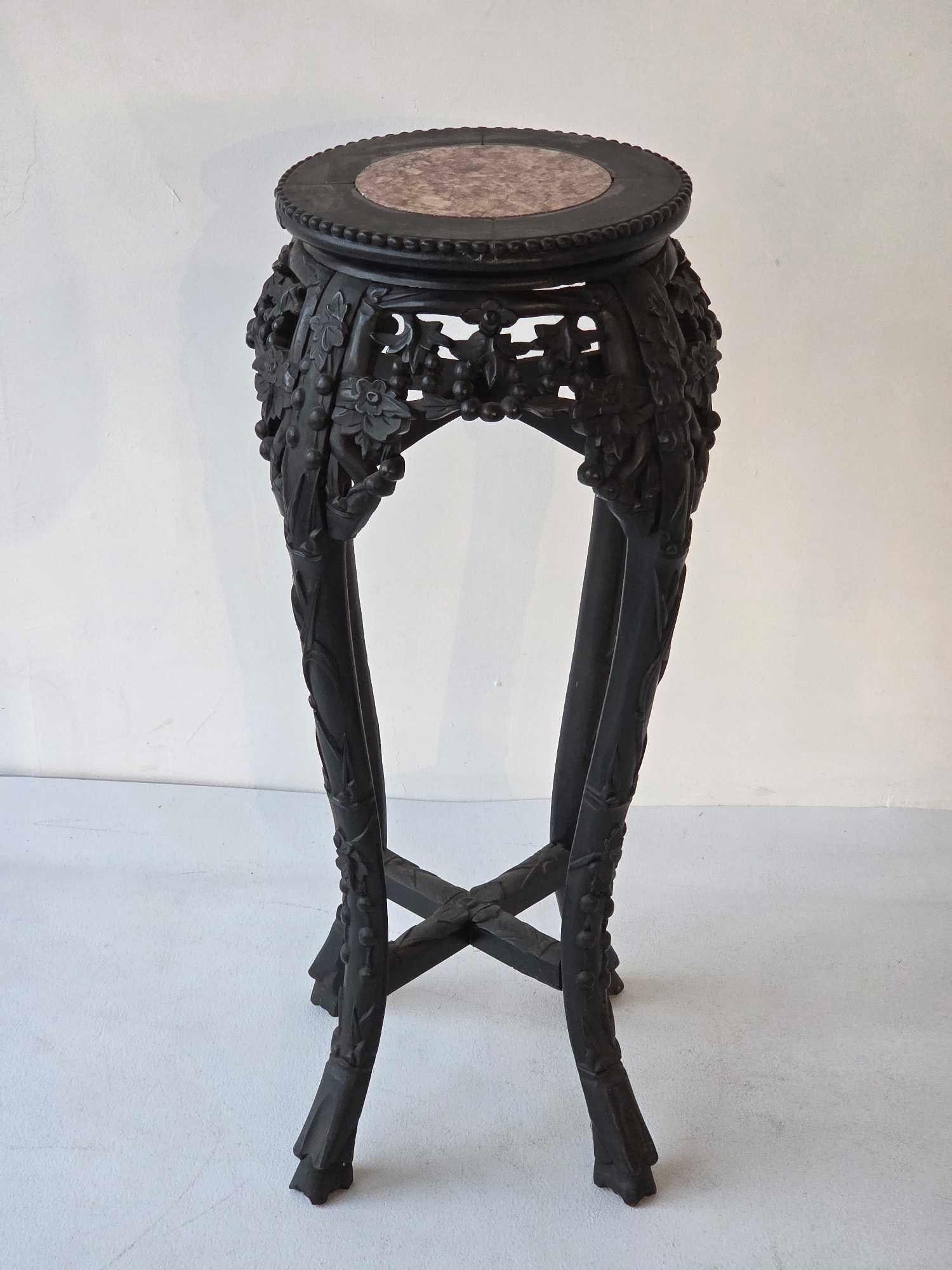 CHINESE CARVED EBONIZED WOOD MARBLE TOP TABOURET 29" (1 of 10)