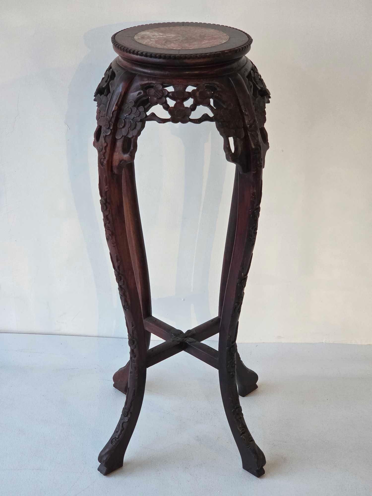 CHINESE CARVED WOOD ROUGE MARBLE TOP TABOURET 36" (1 of 10)
