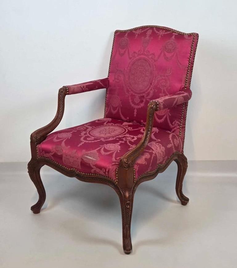 GEORGE III STYLE CARVED MAHOGANY ARMCHAIR IN DAMASK (1 of 14)