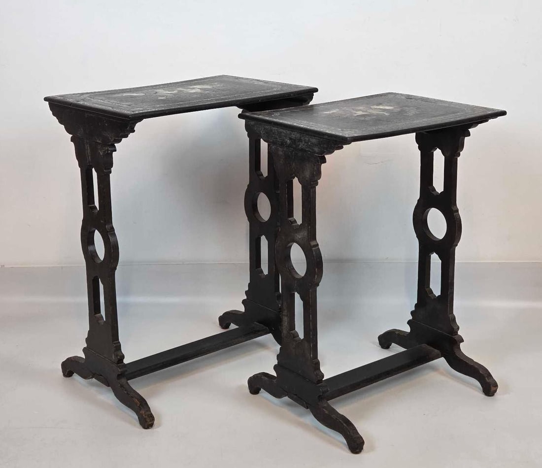 PAIR OF CHINOISERIE MOTHER OF PEARL INLAID BLACK LACQUER NESTING TABLES (1 of 12)