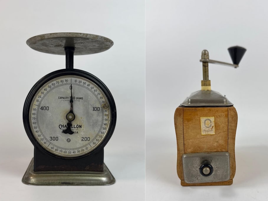 VINTAGE JOHN CHATILLON & SONS SCALE AND ZASSENHAUS COFFEE GRINDER: *A duo of mid-century kitchen classics featuring a 500g dietary scale and a manual German beechwood coffee mill Approximate Dimensions: 7”h x 3”w x 6”d 9”h x 6”w x 7.5&rd