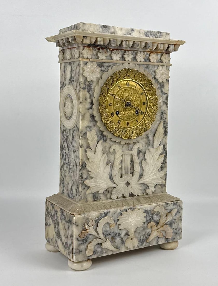 ITALIAN NEOCLASSICAL CARVED CARRARA LYRE MARBLE MANTEL CLOCK (1 of 11)