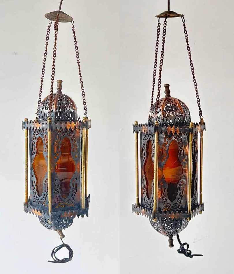 PAIR OF MOORISH REVIVAL PIERCED METAL AND AMBER GLASS LANTERNS (1 of 19)
