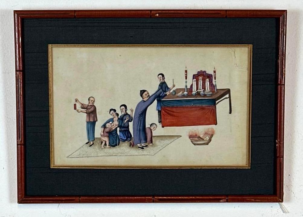 19TH CENTURY CHINESE PITH PAPER PAINTING IN STYLE OF SUNQUA OR TINGQUA: 19th century gouache on pith paper depicting a traditional ancestral worship ceremony housed in a faux-bamboo frame with a silk mat. Approximate Dimensions: 7”x12”; Frame 12”x16&rdqu