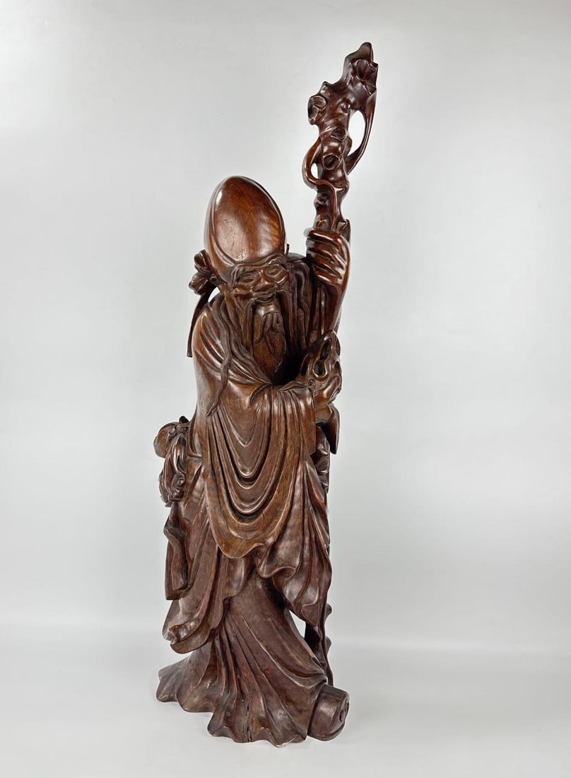 ANTIQUE LARGE CHINESE CARVED ROOTWOOD FIGURE OF SHOU LAO IN STYLE OF SHEN SHAO'AN (1 of 12)