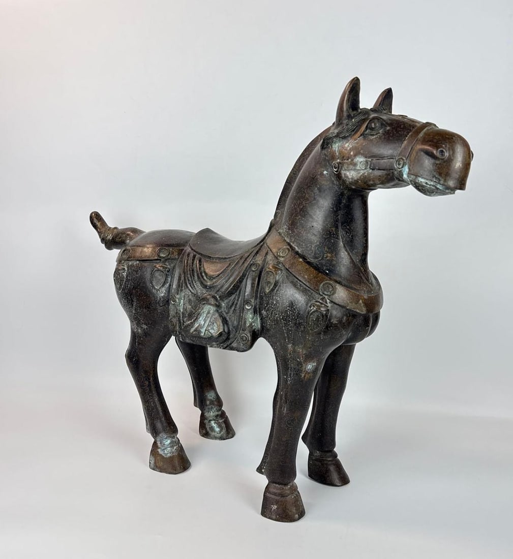 EXCEPTIONAL LARGE TWO FOOT TALL CHINESE BRONZE TANG-STYLE CAPARISONED HORSE (1 of 11)