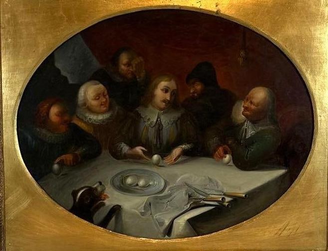 17TH CENTURY STYLE DUTCH GENRE ANTIQUE INTERIOR SCENE IN STYLE OF DAVID TENIERS | OIL ON METAL PANEL: Large oil on iron/metal panel depicting a lively interior genre scene with figures gathered around a table in a rustic tavern or domestic setting. Stunning Gilt oval / rectangular frame. 
