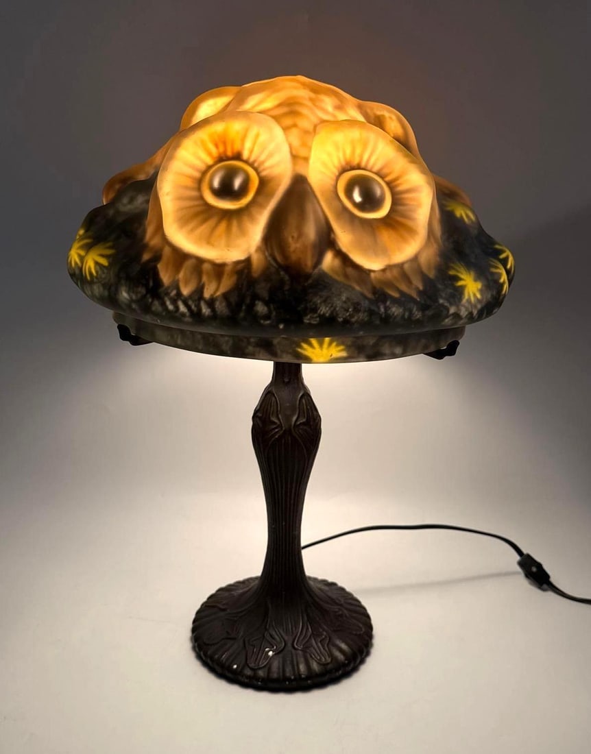 VINTAGE SLAG GLASS OWL LAMP IN STYLE OF H.E. RAINIER OR JEFFERSON: Slag Glass Owl Lamp reverse-painted lamp Approximate Dimensions: 21”h x 16”round ; Shade 9”h Artist or Maker: Unknown Provenance: From a New York Collector Notes: Although care
