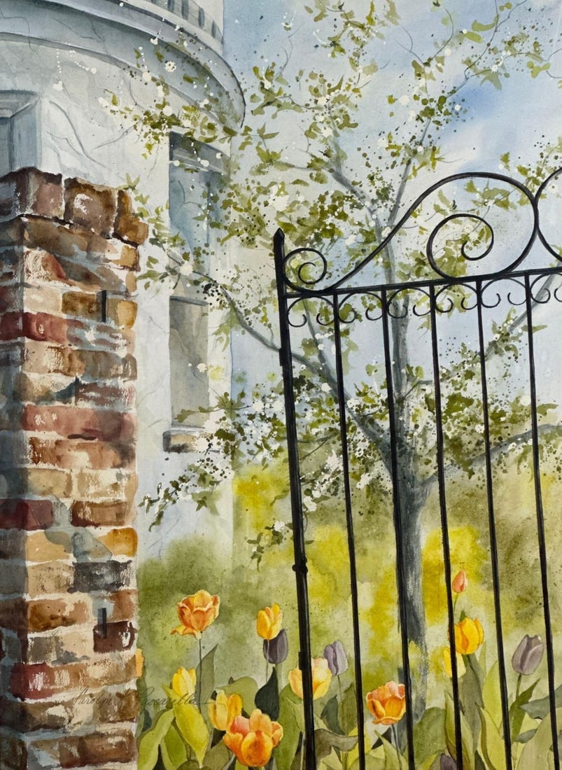 IMPRESSIONIST VIGNETTE BY CAROLYN K. PASCARELLA: A painting depicting a sun-drenched garden with a prominent metal gate, blooming flowers, and a house in the background, set in a 28 x 36 inch gold-finished frame. Approximate Dimensions:21”
