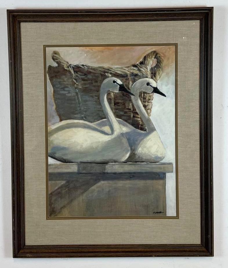 LAKESIDE LANDSCAPE WITH SWANS SIGNED: Swans on a dock with a basket. Approximate Dimensions: 20”x28”; Frame 32”x39” Artist or Maker: SIGNED INDECIPHERABLE Provenance: From a New York Collector Notes: Although