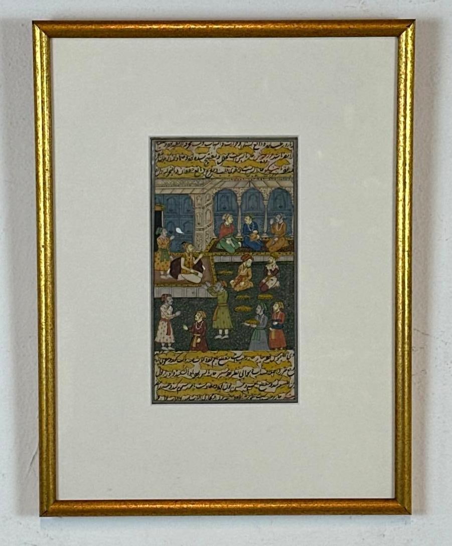 LATE MUGHAL ILLUMINATED MINIATURE MANUSCRIPT LEAF: A finely detailed original miniature painting from the Late Mughal period, depicting a courtly audience or gathering within a palace courtyard. The central scene features various figures in