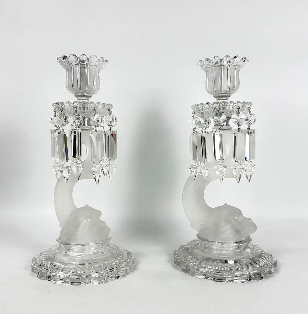 PAIR OF BACCARAT STYLE FROSTED CRYSTAL DOLPHIN LUSTRE CANDLESTICKS (1 of 14)