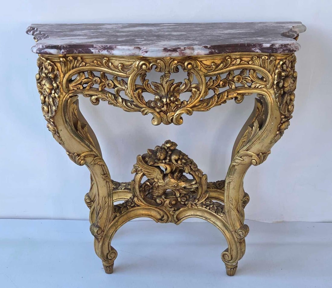 EXCEPTIONAL FRENCH LOUIS XV STYLE GILTWOOD AND ROUGE MARBLE TOP CONSOLE (1 of 9)