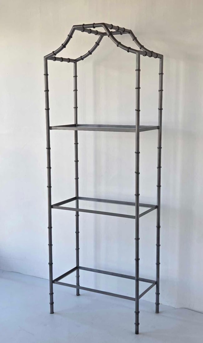 VINTAGE PAGODA TOP FAUX BAMBOO METAL THREE TIER ETAGERE MAITLAND-SMITH STYLE: Chinoiserie style gunmetal finish tubular metal shelving unit with three inset glass tiers and architectural pagoda crest. Approximate Dimensions: 72.75"h x 26"w x 14"d Artist or Maker: Un