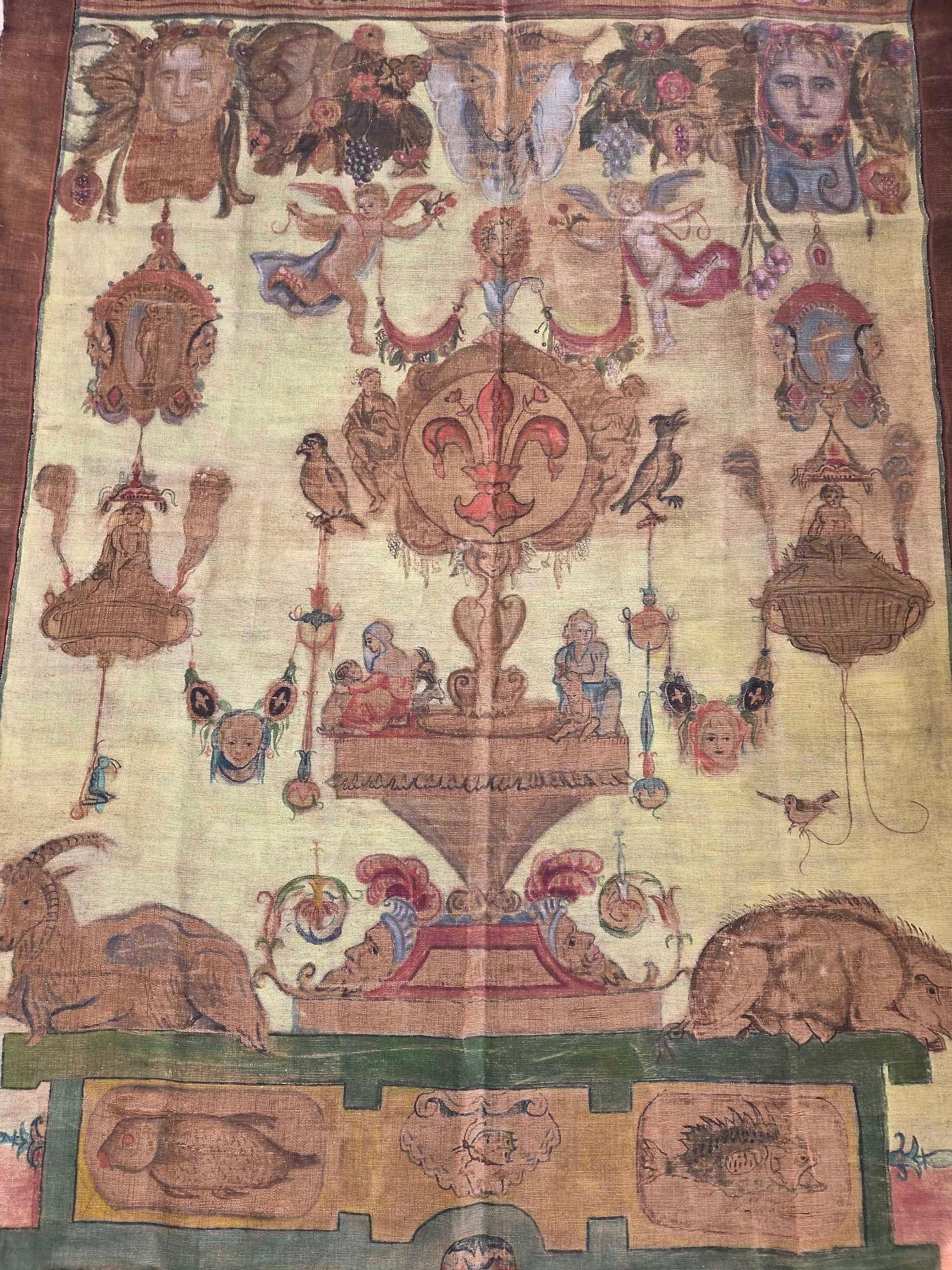 ANTIQUE HAND PAINTED GROTESQUE STYLE TROMPE L'OEIL SILK PANEL WALL HANGING (1 of 20)