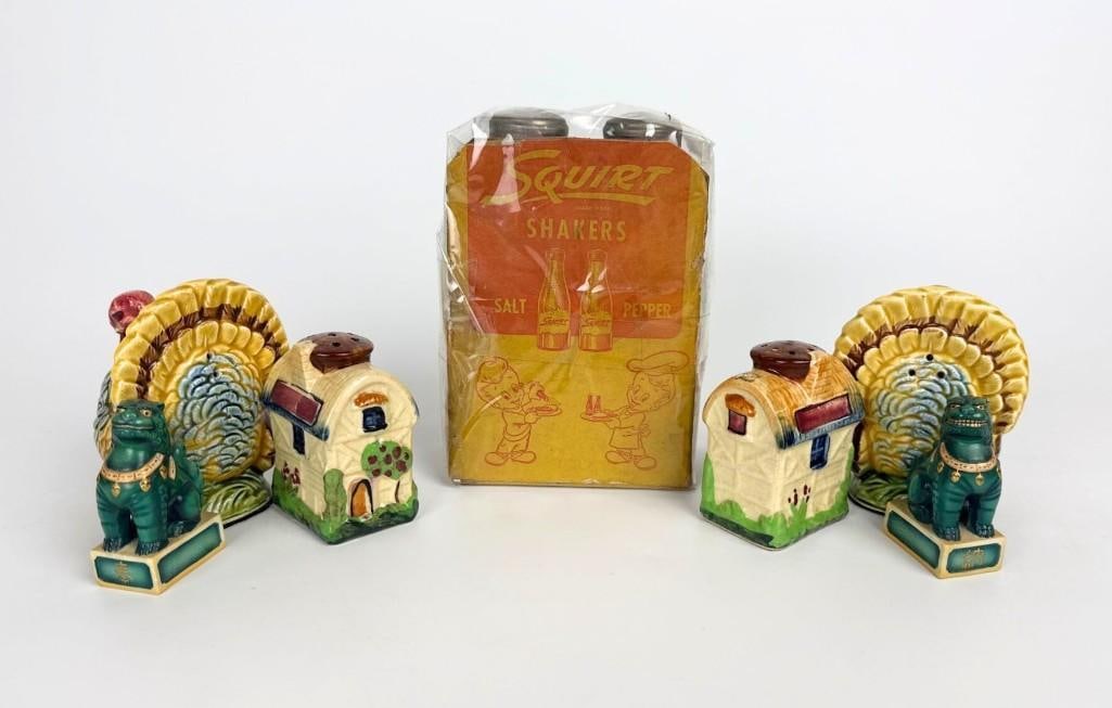 VINTAGE SQUIRT, LEFTON, AND JAPANESE NOVELTY SALT AND PEPPER SHAKER LOT: Assorted vintage novelty ceramic and glass salt and pepper shaker sets. Approximate Dimensions: Tallest 5.75”h Artist or Maker: Unknown Provenance: From a New York Collector Notes: Al