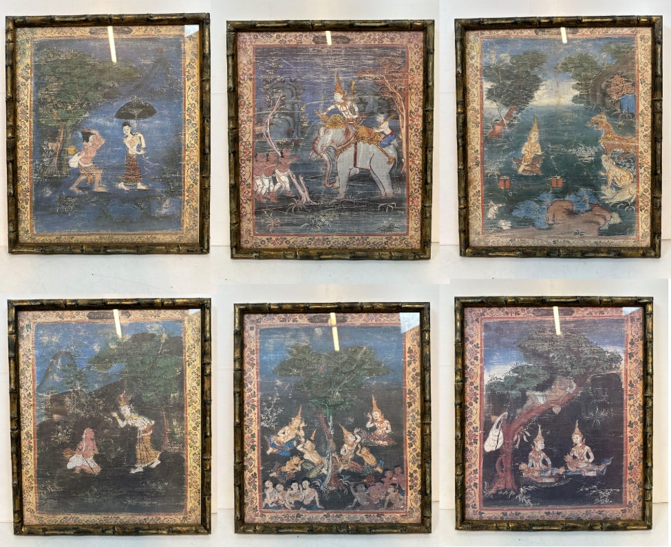GROUP OF SIX THAI BUDDHIST JATAKA PRINTS IN VINTAGE FAUX BAMBOO FRAMES: Suite of traditional Southeast Asian narrative scenes on paper depicting figures and deities in landscape settings housed in gilt-finished bamboo-style frames. Approximate Dimensions: 16.5" x 14&#
