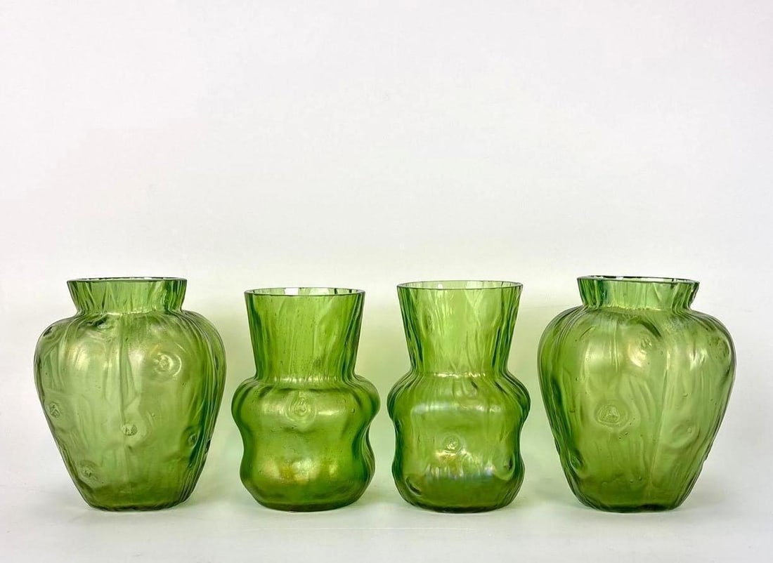COLLECTION OF LOETZ STYLE CRETE RUSTICANA ART NOUVEAU GREEN GLASS VASES (1 of 7)