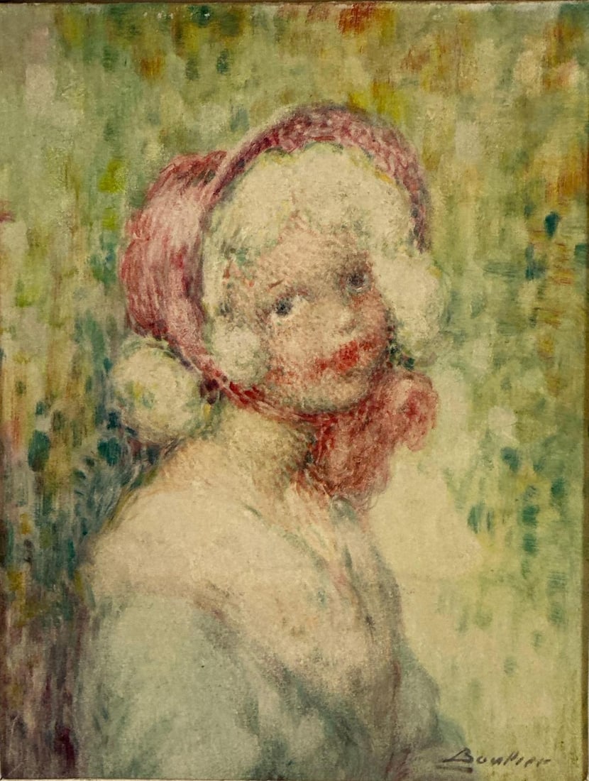SIGNED LUCIEN BOULIER OIL ON PANEL PORTRAIT OF A GIRL: An impressionist oil portrait of a young woman in a bonnet. Overall Approximate Dimensions: 21"L x 18"W Art Approximate Dimensions: 16"L x 12"W Artist: Lucien Boulier 