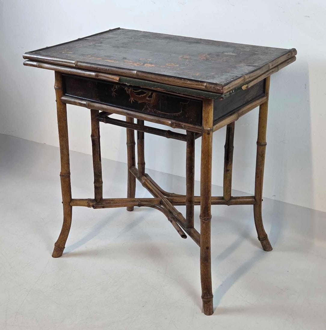 RARE ANTIQUE CHINESE EXPORT STYLE BAMBOO AND JAPANNED FOLDOVER GAME TABLE (1 of 20)