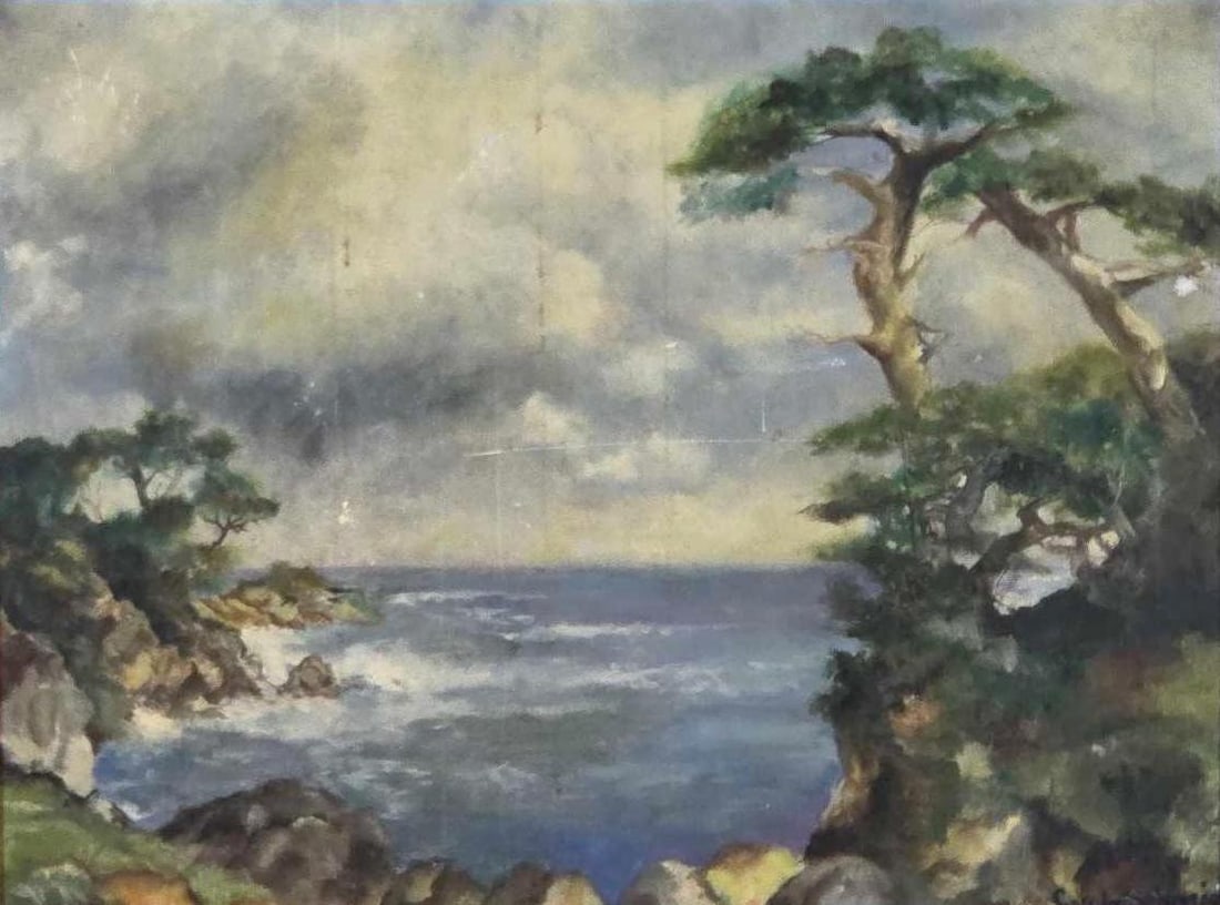 VINTAGE COASTAL SCENE SIGNED CAROLE SCHMIDT OIL ON CANVAS: Impressionist coastal scene with docked sailboats and seaside architecture in a gold-tone wood frame signed in bottom right corner Carole Schmidt. Approximate Dimensions: 17" x 23"; Frame 24" x 30.5